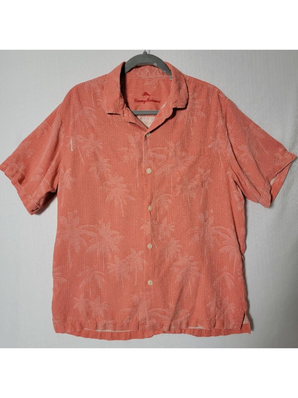Tommy Bahama Button Down Shirt Mens Sz L Short Sleeve100% Silk Orange Palm Trees